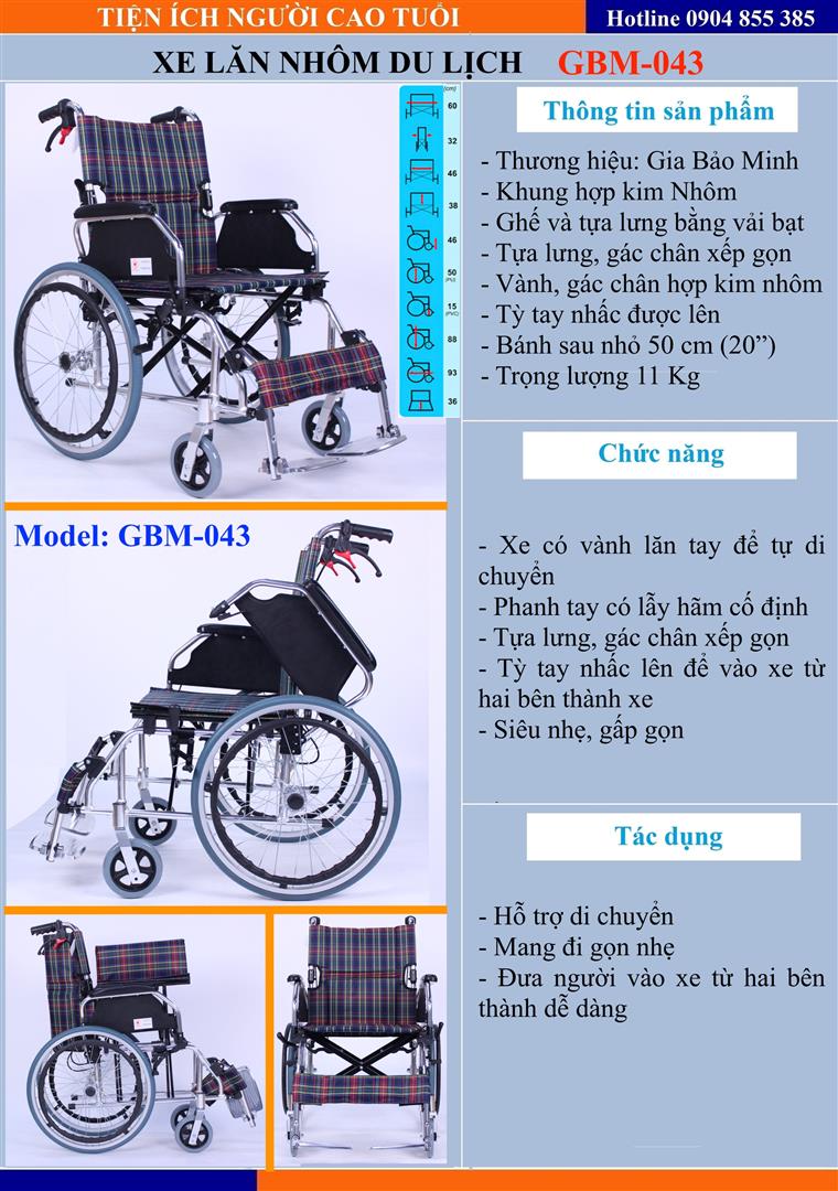 Xe Lăn Tay Du Lịch Khung Nhôm Siêu Nhẹ, Vải Ca-rô GBM-043