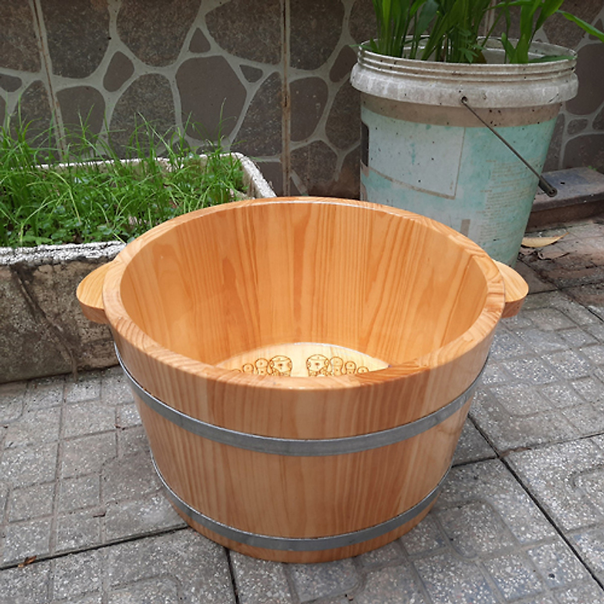 Chậu Ngâm Chân Gỗ (Loại Cao, Hạt Massage Huyệt Đạo Hình Bàn Chân) Thông Tự Nhiên Cao Cấp
