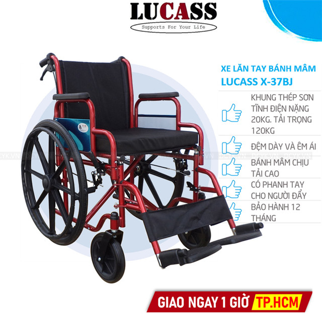 Xe Lăn Tay Có Đệm Ngồi, Bánh Mâm, Khung Sơn, Có Thắng Lucass X-37BJ (X37BJ)