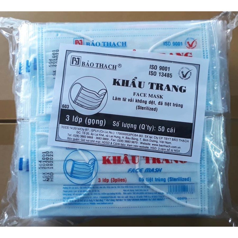 Khẩu Trang Y Tế Bảo Thạch Tiệt Trùng (3 Lớp - Bịch 50 Cái)