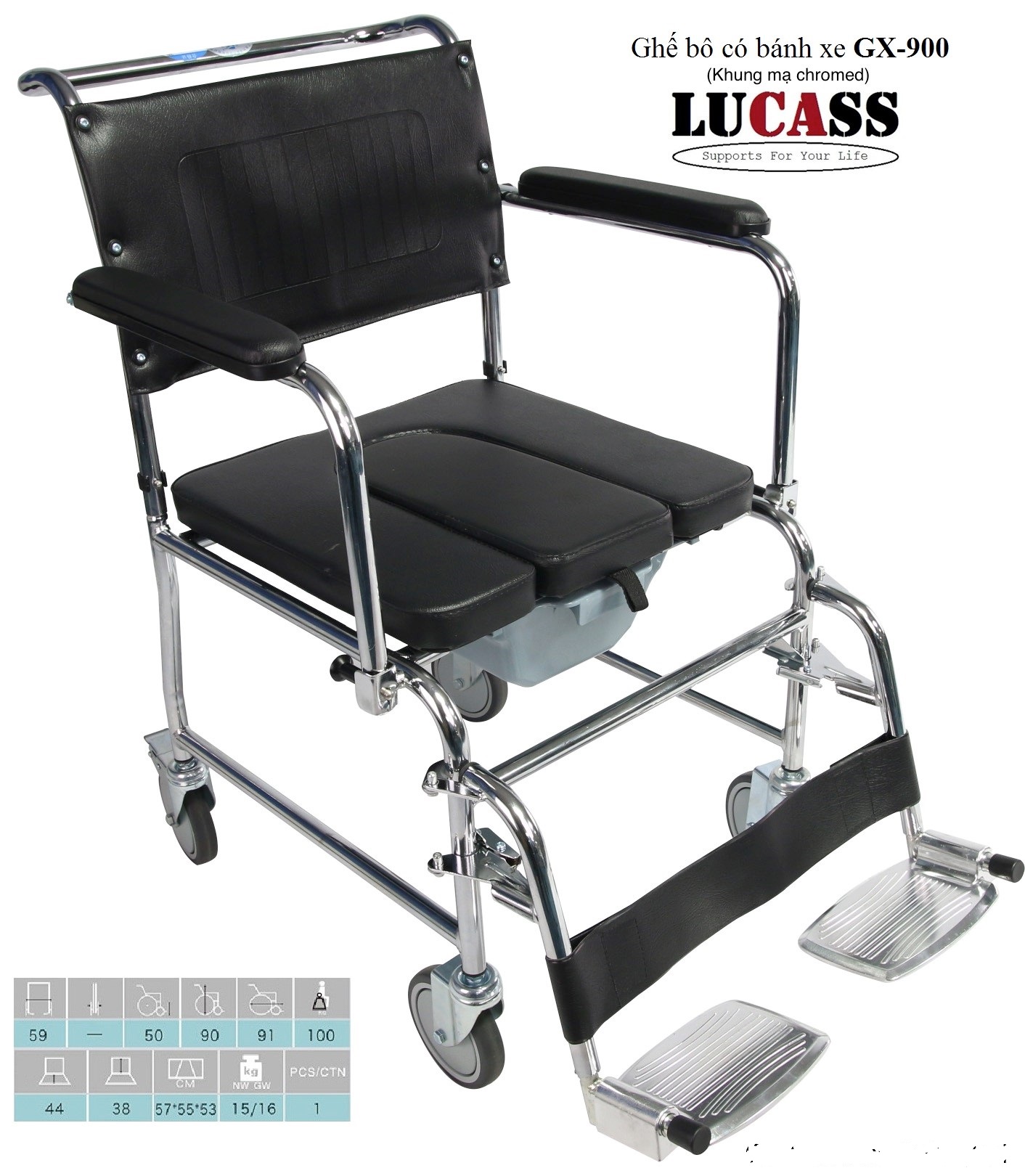 Ghế Bô Vệ Sinh Có Bánh Xe, Đệm Simili, Có Gác Chân, Bô Vuông Lucass GX-900 (GX900)