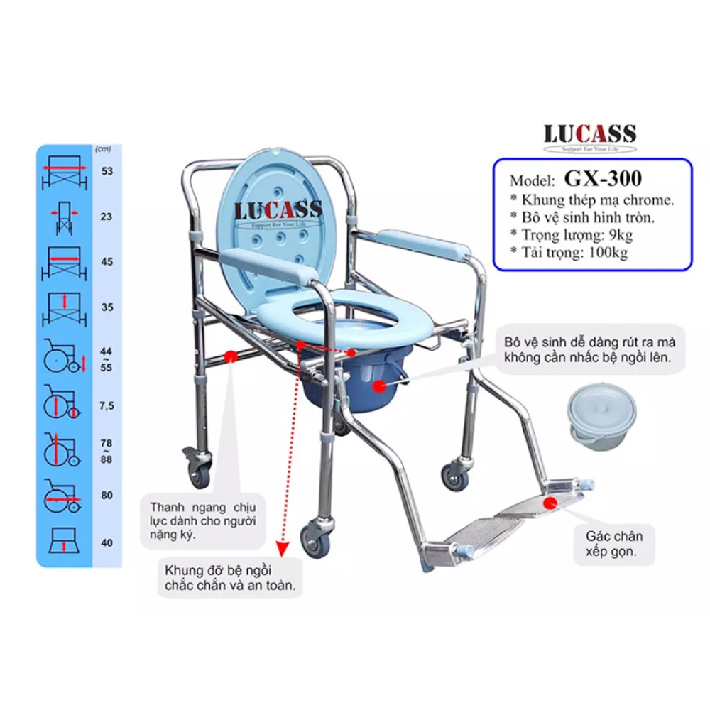 Ghế Bô Vệ Sinh Có Bánh Xe, Bô Tròn, Có Gác Chân Lucass GX-300 (GX300)