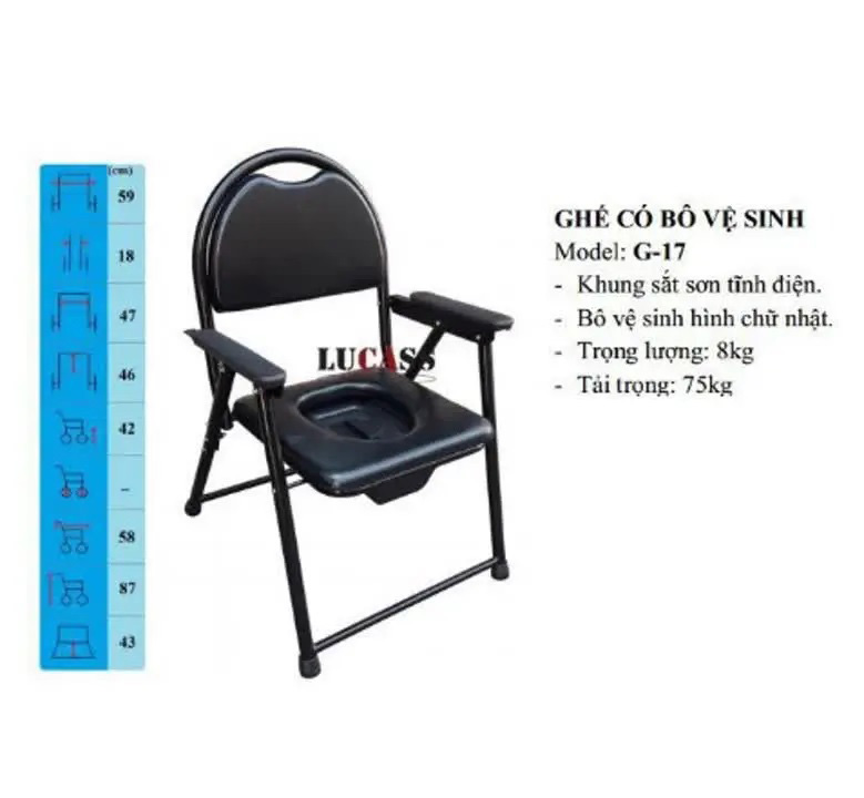 Ghế Bô Vệ Sinh Không Bánh Xe, Khung Sơn, Bô Vuông, Đệm Simili Lucass G-17 (G17)