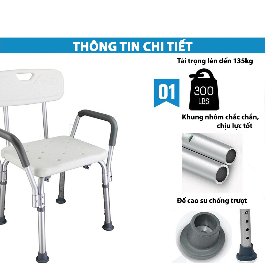 Ghế Tắm Khung Nhôm, Có Tựa Lưng, Tựa Tay, Tăng Giảm Chiều Cao Lucass SC-98TL (SC98TL)