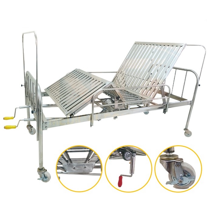 Giường Y Tế Inox Vạc Hộp Sus 201 Việt Nam HL-03 (2 Tay Quay, Có Thanh Chắn, Bánh xe)