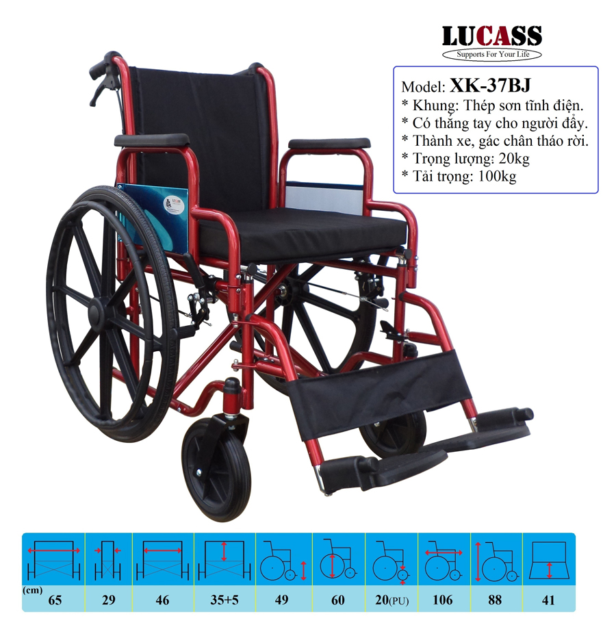 Xe Lăn Tay Có Đệm Ngồi, Bánh Mâm, Khung Sơn, Có Thắng Lucass X-37BJ (X37BJ)