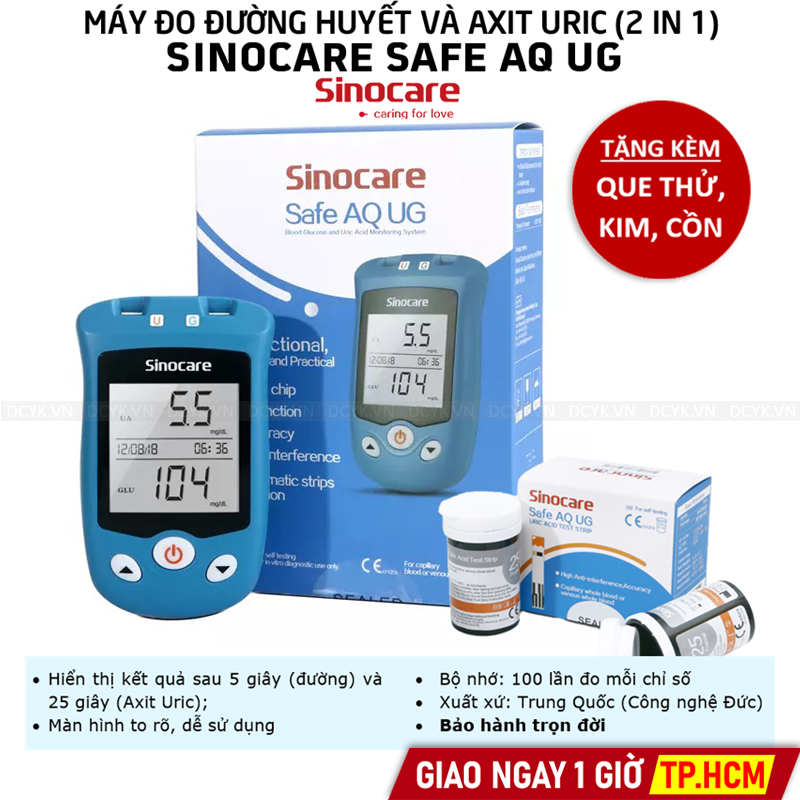 [TẶNG QUE, KIM, CỒN] Máy Đo Đường Huyết, Axit Uric Sinocare Safe AQ UG (MG) (50 Que Mỗi Loại, Kim, Cồn)