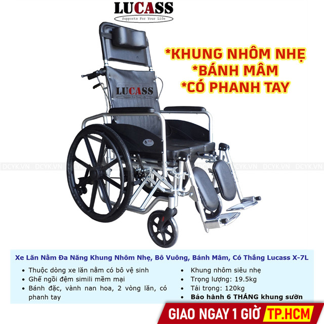 Xe Lăn Nằm Đa Năng Khung Nhôm Nhẹ, Bô Vuông, Đệm Simili, Bánh Mâm, Có Thắng Lucass X-7L (X7L)