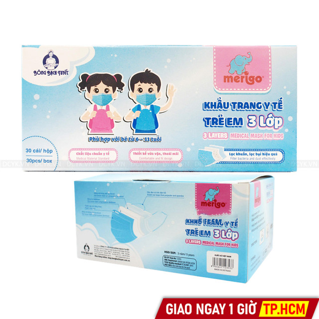 Khẩu Trang Y Tế Trẻ Em MERIGO Bông Bạch Tuyết (Hộp 30 Cái - 3 Lớp)