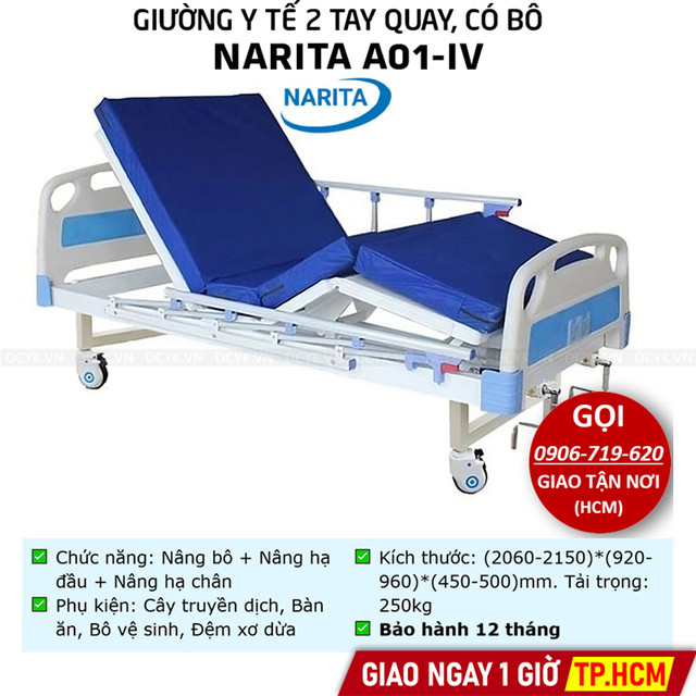 Giường Y Tế 2 Tay Quay, Có Bô Vệ Sinh NARITA A01-IV