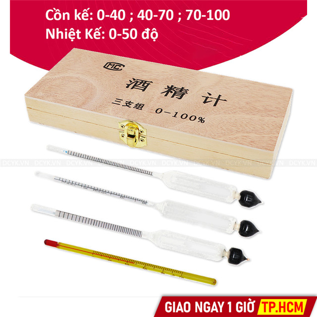 Dụng Cụ Đo Nồng Độ Cồn (Cồn Kế, Tửu Kế) Hộp Vàng (0-40-70-100 và Đo Nhiệt Độ)