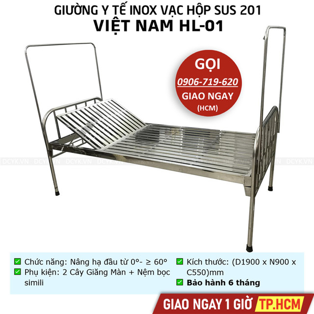 Giường Y Tế Inox Vạc Hộp Sus 201 Việt Nam HL-01 (Nâng Đầu)