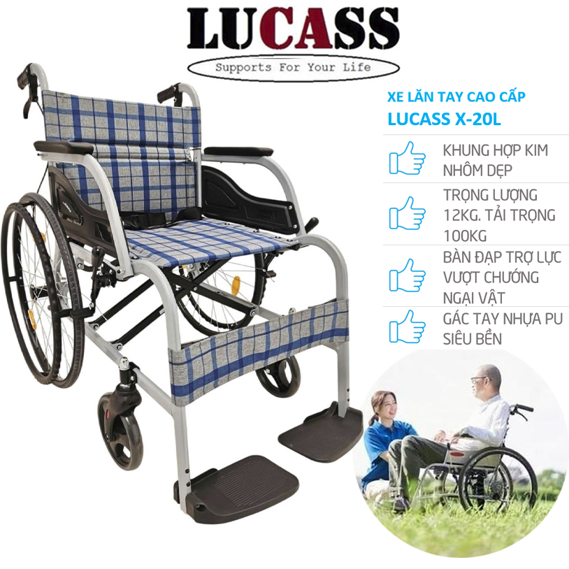 Xe Lăn Tay Hợp Kim Nhôm Vải Caro Lucass X-20L
