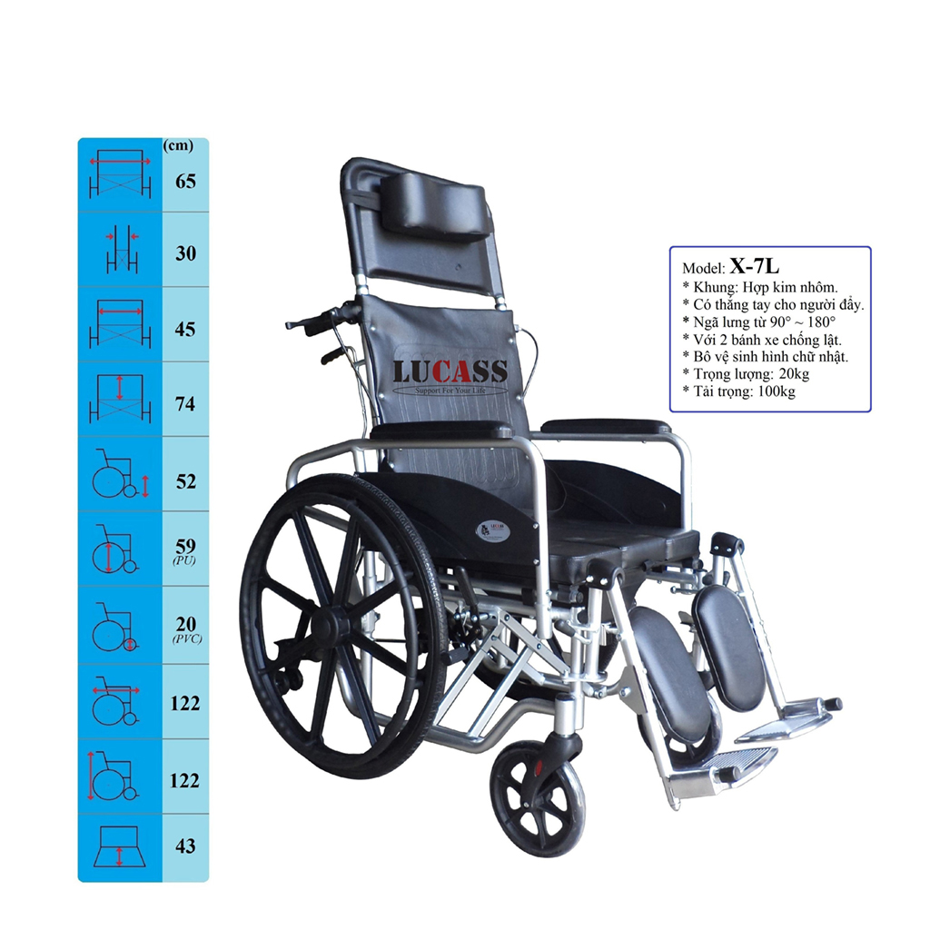 Xe Lăn Nằm Đa Năng Khung Nhôm Nhẹ, Bô Vuông, Đệm Simili, Bánh Mâm, Có Thắng Lucass X-7L (X7L)