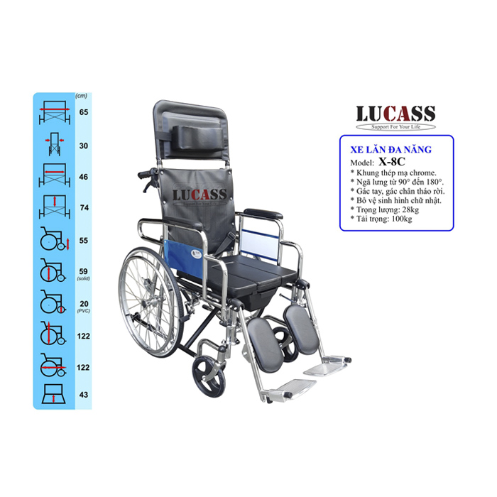 Xe Lăn Nằm Đa Năng, Bô Vuông, Đệm Simili Lucass X-8C (X8C)