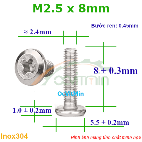 Ốc Bake Đầu Vát Cạnh M2.5x8mm Inox304 - Oc PaKe Dau Vat Canh