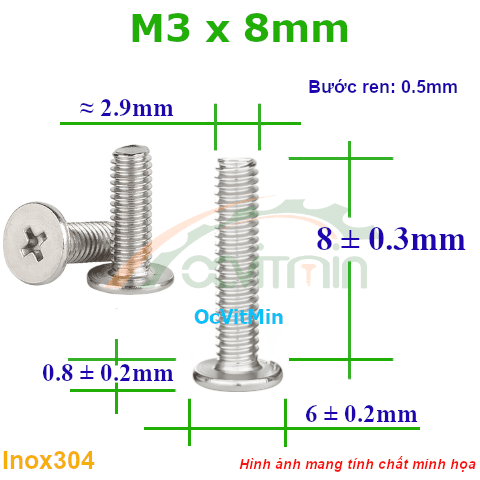 Ốc Bake Đầu Dẹp Mỏng M3x8mm Inox304 - Oc PaKe Dau Dep Mong