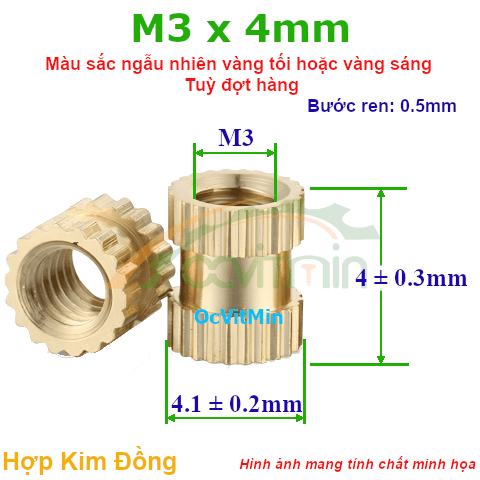 Đai Ốc Cấy Nhựa M3x4mm - ø4.1mm Tán Đồng - Dai Oc Tan Dong Ecu Cay Nhua