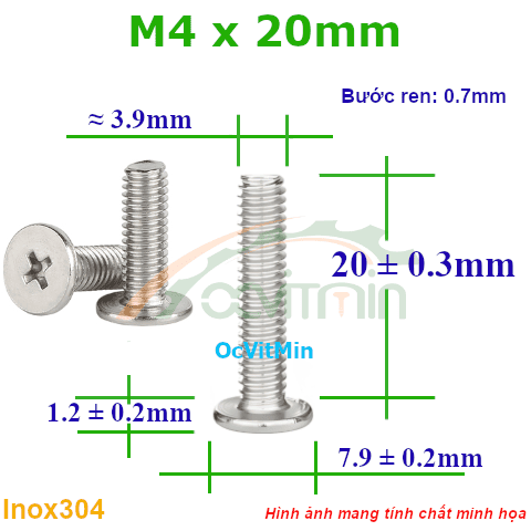 Ốc Bake Đầu Dẹp Mỏng M4x20mm Inox304 - Oc PaKe Dau Dep Mong