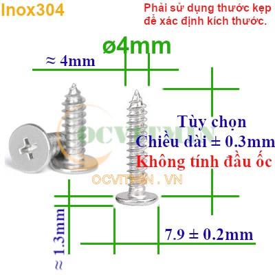 Vít Ren Xoắn Đường Kính 4mm Đầu Dẹp Mỏng Inox 304