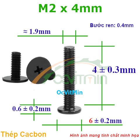 Ốc Bake Đầu Dẹp Mỏng M2x4mm - ø6mm Thép Cacbon - Oc PaKe Dau Dep Mong