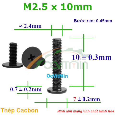 Ốc Bake Đầu Dẹp Mỏng M2.5x10mm - ø7mm Thép Cacbon - Oc PaKe Dau Dep Mong
