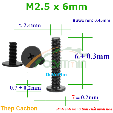 Ốc Bake Đầu Dẹp Mỏng M2.5x6mm - ø7mm Thép Cacbon - Oc PaKe Dau Dep Mong