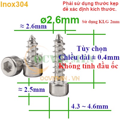 Vít Lục Giác Trụ Ren Xoắn M2 M2.6 Ren Thưa Inox 304