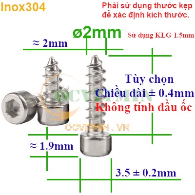 Vít Lục Giác Trụ Ren Xoắn M2 M2.6 Ren Thưa Inox 304