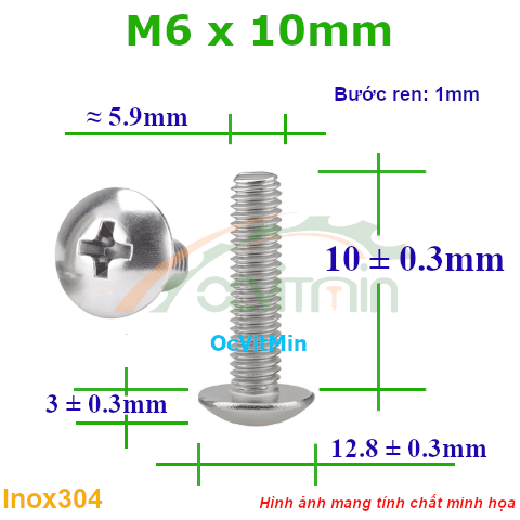 Ốc Bake Đầu Dù M6x10mm Inox304 - Oc PaKe Dau Du