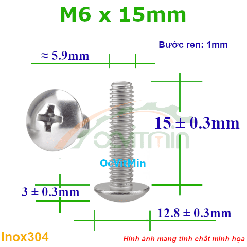 Ốc Bake Đầu Dù M6x15mm Inox304 - Oc PaKe Dau Du
