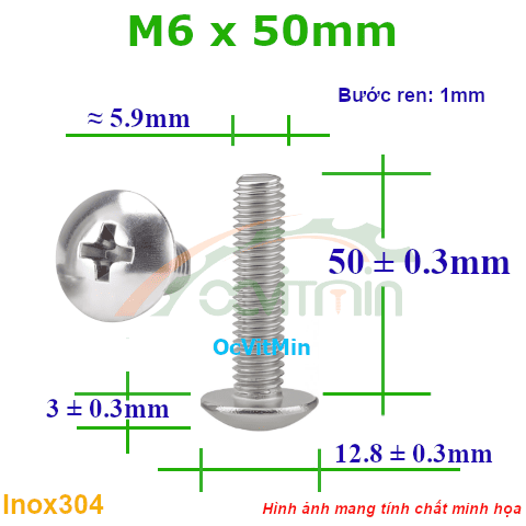 Ốc Bake Đầu Dù M6x50mm Inox304 - Oc PaKe Dau Du