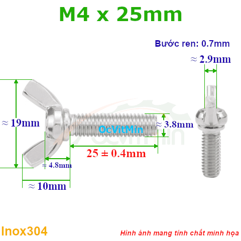 Ốc Tai Hồng Bulong Cánh Chuồn M4x25mm Inox304 - Oc Tai Hong Canh Chuon