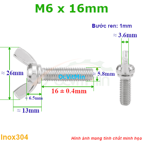 Ốc Tai Hồng Bulong Cánh Chuồn M6x16mm Inox304 - Oc Tai Hong Canh Chuon