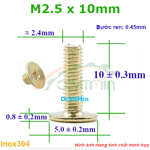 Ốc Bake Đầu Dẹp Mỏng Màu Vàng M2.5x10mm Inox304 - Oc PaKe Dau Dep Mong