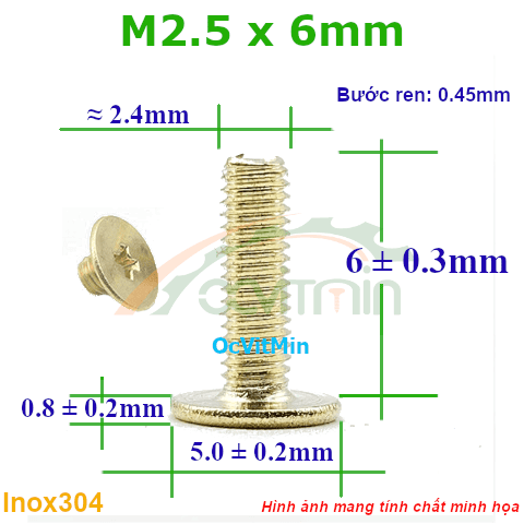 Ốc Bake Đầu Dẹp Mỏng Màu Vàng M2.5x6mm Inox304 - Oc PaKe Dau Dep Mong