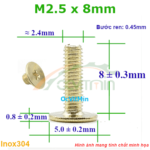 Ốc Bake Đầu Dẹp Mỏng Màu Vàng M2.5x8mm Inox304 - Oc PaKe Dau Dep Mong