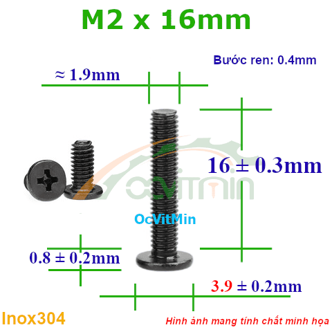 Ốc Bake Đầu Dẹp Mỏng M2x16mm - ø3.9mm Inox304 - Oc PaKe Dau Dep Mong