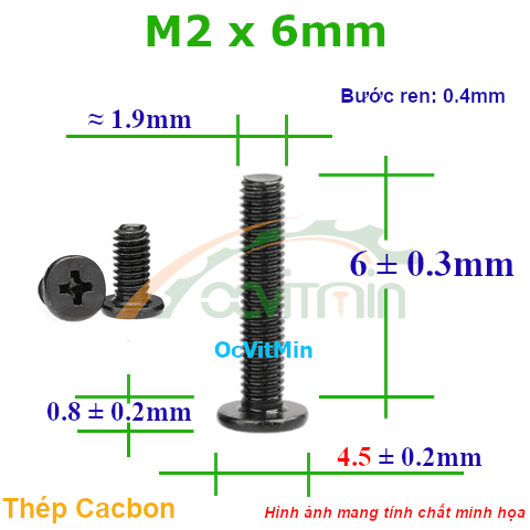 Ốc Bake Đầu Dẹp Mỏng M2x6mm - ø4.5mm Thép Cacbon - Oc PaKe Dau Dep Mong
