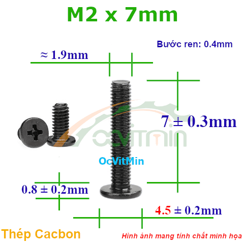 Ốc Bake Đầu Dẹp Mỏng M2x7mm - ø4.5mm Thép Cacbon - Oc PaKe Dau Dep Mong