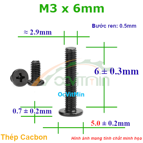 Ốc Bake Đầu Dẹp Mỏng M3x6mm - ø5mm Thép Cacbon - Oc PaKe Dau Dep Mong