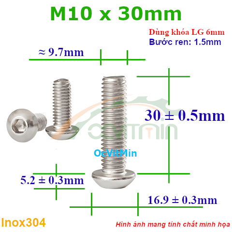 Ốc Lục Giác Đầu Dù M10x30mm Inox304 - Oc Luc Giac Dau Du