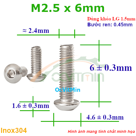 Ốc Lục Giác Đầu Dù M2.5x6mm Inox304 - Oc Luc Giac Dau Du