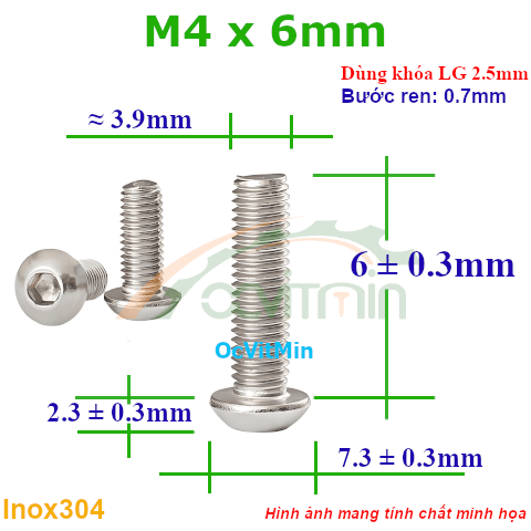 Ốc Lục Giác Đầu Dù M4x6mm Inox304 - Oc Luc Giac Dau Du