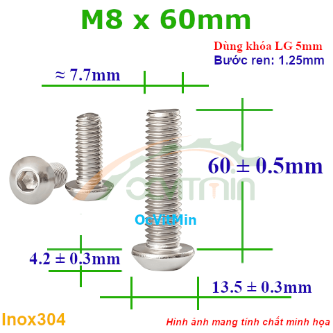 Ốc Lục Giác Đầu Dù M8x60mm Inox304 - Oc Luc Giac Dau Du