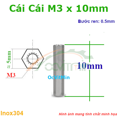 Trụ Inox304 Cái Cái Lục Giác M3x10mm - Tru Cai Cai
