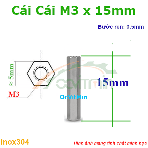 Trụ Inox304 Cái Cái Lục Giác M3x15mm - Tru Cai Cai