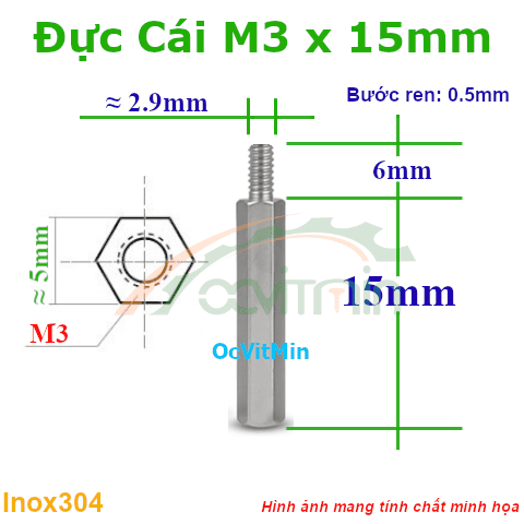 Trụ Inox304 Đực Cái Lục Giác M3x15mm - Tru Duc Cai