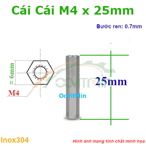 Trụ Inox304 Cái Cái Lục Giác M4x25mm - Tru Cai Cai