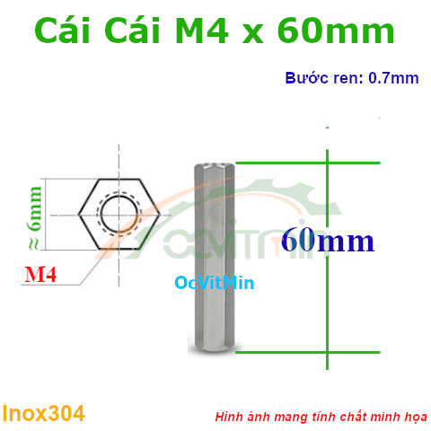 Trụ Inox304 Cái Cái Lục Giác M4x60mm - Tru Cai Cai